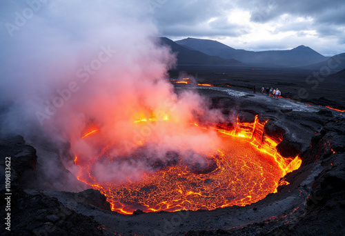 Volcanic eruption with lava lake and smoke at twilight in a remote landscape