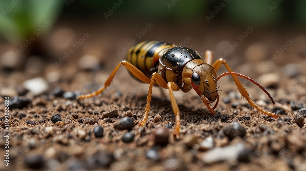Close-up of a yellow and black wasp on the ground. Close-up of a yellow and black wasp on the ground.