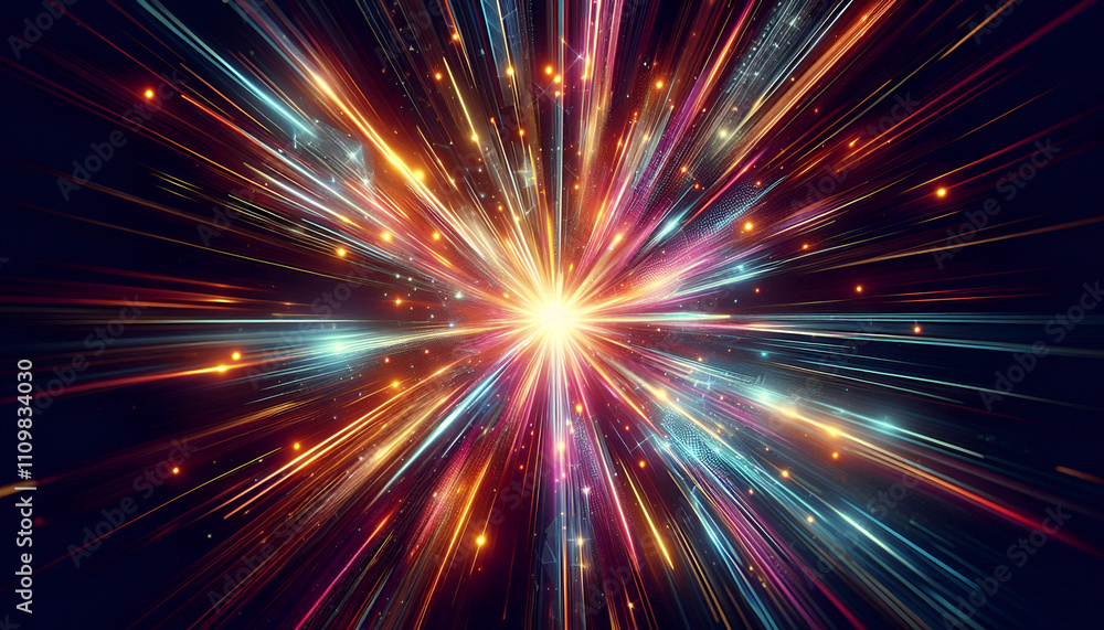 A dazzling explosion of vibrant light and color, featuring sharp, prismatic beams radiating from a central glowing point, creating an abstract, futuristic energy burst on a dark background A dazzling explosion of vibrant light and color, featuring sharp, prismatic beams radiating from a central glowing point, creating an abstract, futuristic energy burst on a dark background
