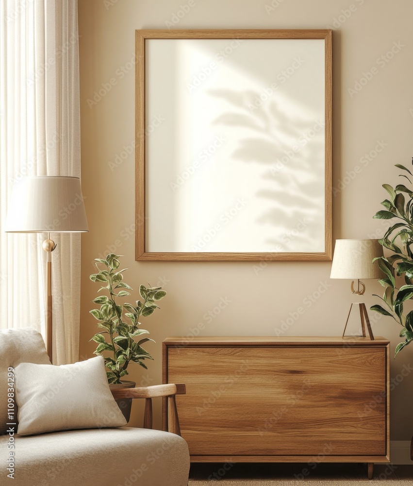 Empty rectangular frame mockup in oak wood, placed on the wall of a cozy living room with beige walls Empty rectangular frame mockup in oak wood, placed on the wall of a cozy living room with beige walls