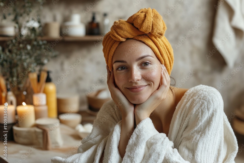 Woman wearing bathrobe and towel relaxing at home spa Woman wearing bathrobe and towel relaxing at home spa