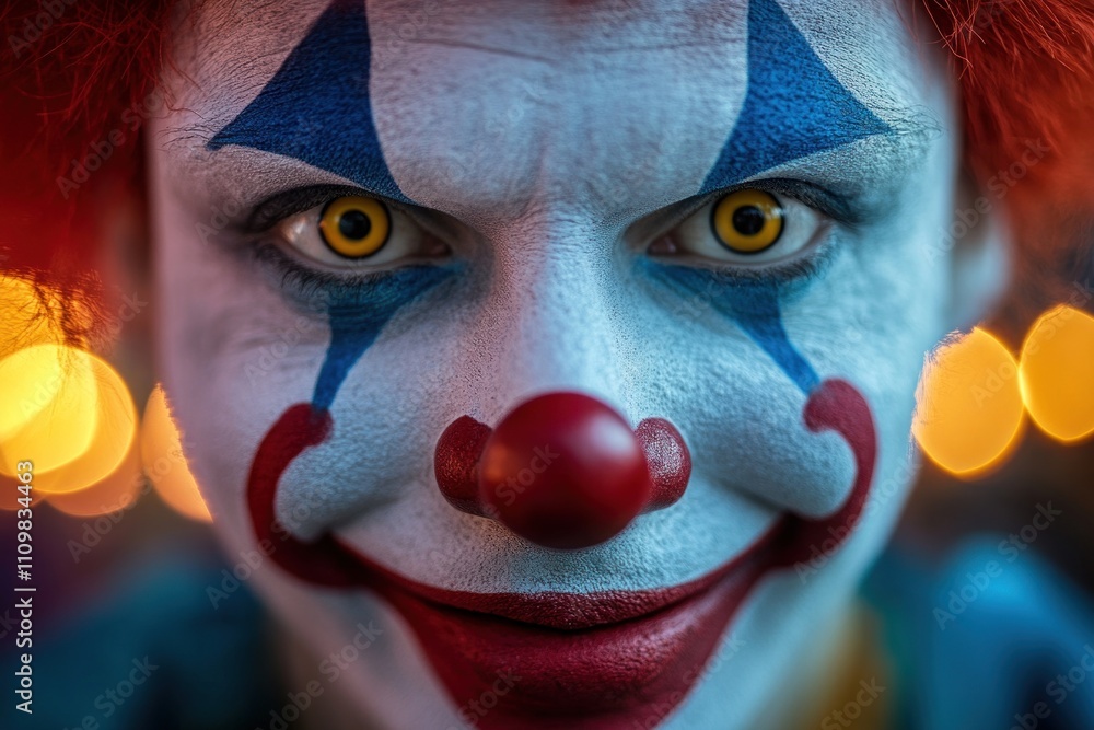 Scary clown with yellow eyes staring at viewer Scary clown with yellow eyes staring at viewer