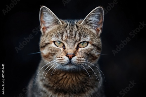 Serious cat staring with intense eyes on black background