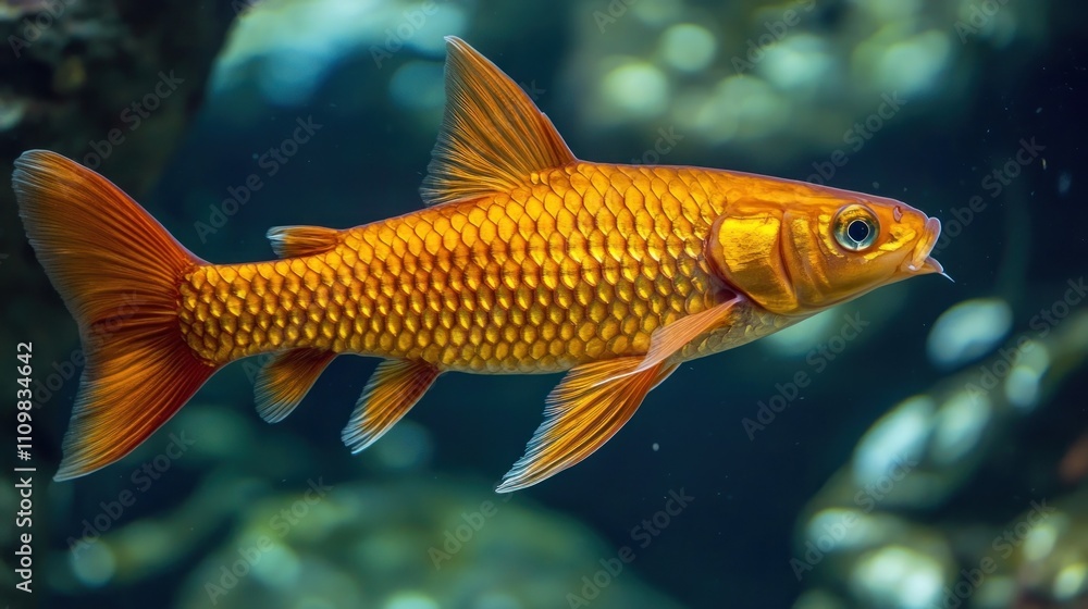 Close-up view of Amphilophus labiatus swimming in a freshwater tank, vibrant orange color with slight shading for depth, showing defined scale patterns and muscular body Close-up view of Amphilophus labiatus swimming in a freshwater tank, vibrant orange color with slight shading for depth, showing defined scale patterns and muscular body