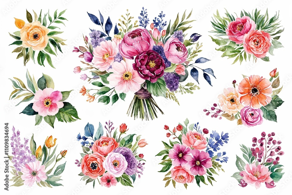 Naklejka premium Beautiful Watercolor Flower Art Collection - Floral Bouquets, Botanical Backgrounds, and Decorative Elements