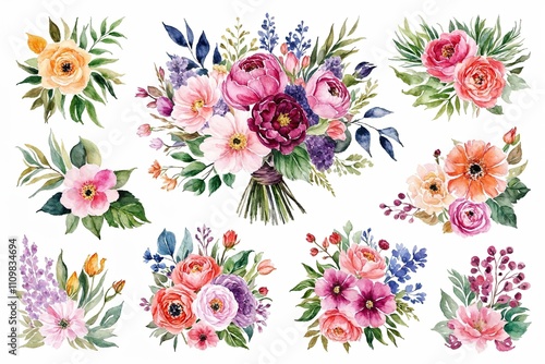 Wallpaper Mural Beautiful Watercolor Flower Art Collection - Floral Bouquets, Botanical Backgrounds, and Decorative Elements Torontodigital.ca