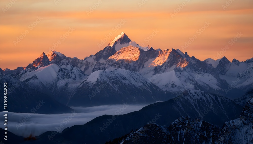 Cadenas montañosas cubiertas de nieve al amanecer Cadenas montañosas cubiertas de nieve al amanecer