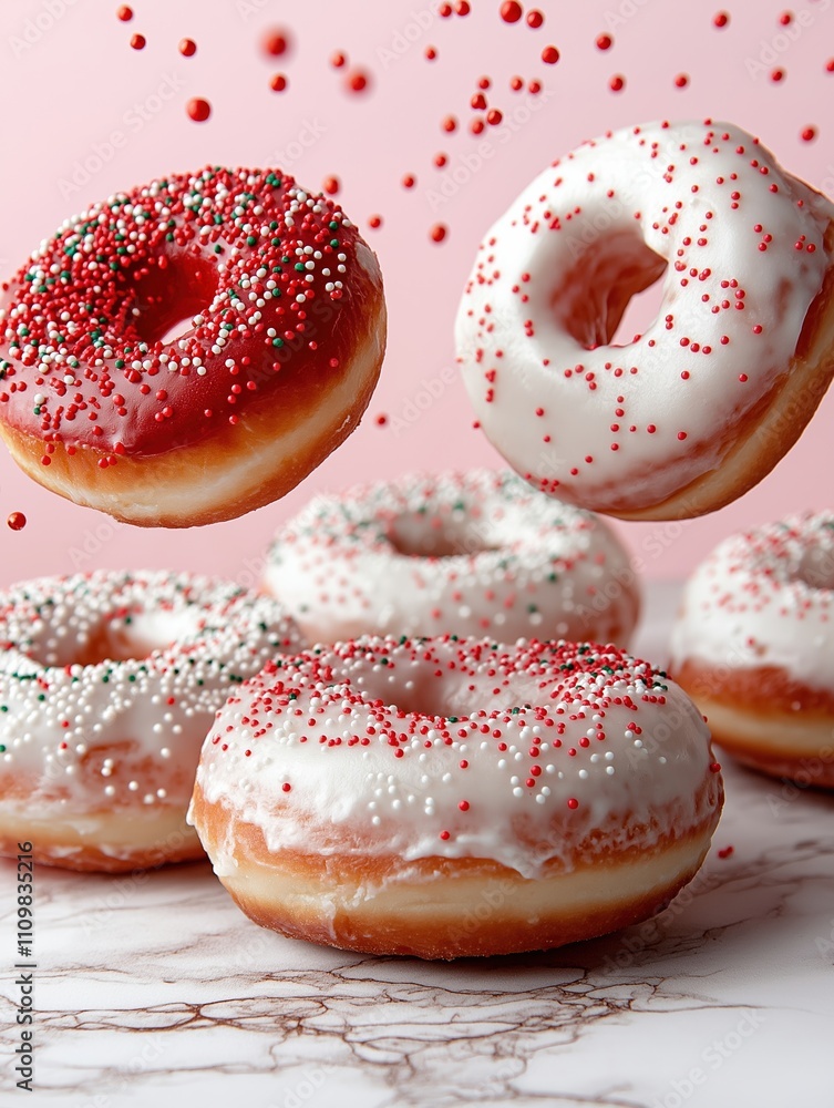 Bright and cozy indulging in sweet white and red doughnuts with sprinkles Bright and cozy indulging in sweet white and red doughnuts with sprinkles