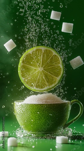 A dynamic visual of a steaming green tea cup with a lime slice and sugar cubes floating above. The green background and lime accents enhance the fresh and lively mood. AI generated. photo