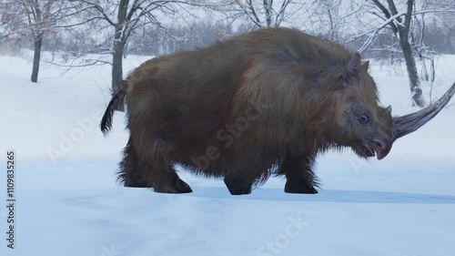 A 3D animation the extinct giant Woolly Rhino of the Ice Age walking through a snowy forest. photo