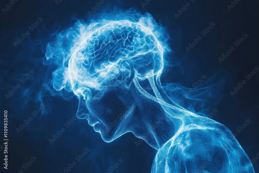 Fototapeta premium Human brain glowing and generating energy in a cloud of smoke