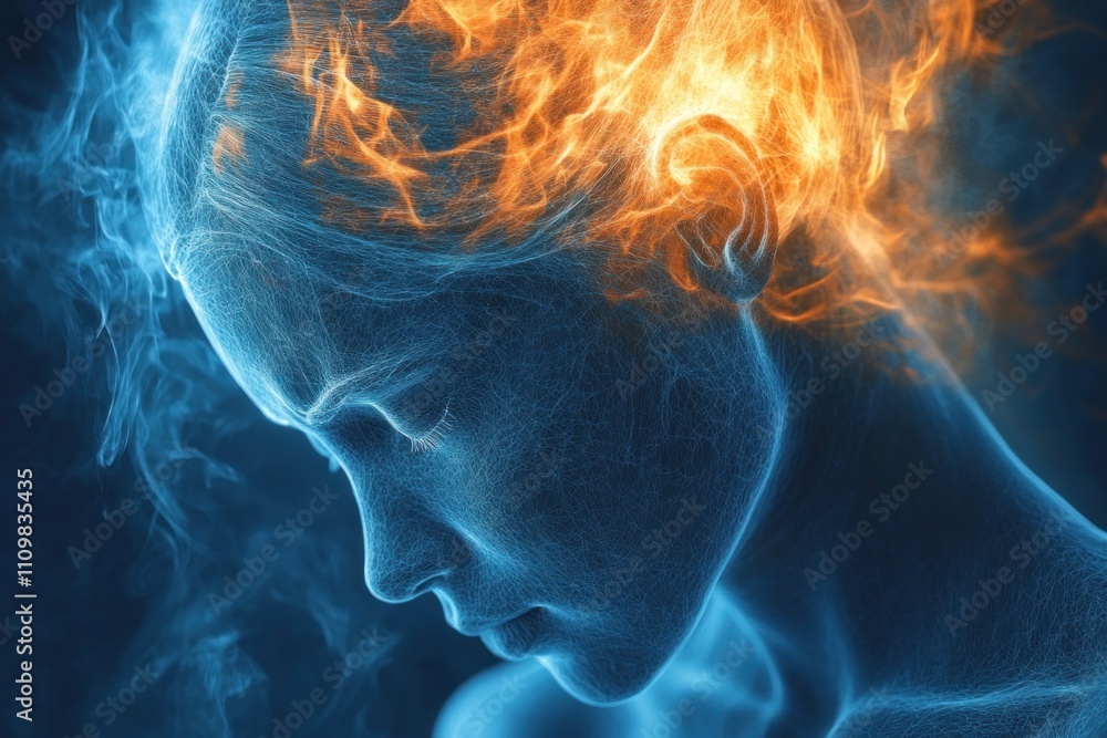 Woman feeling burning pain and suffering from mental health issues Woman feeling burning pain and suffering from mental health issues