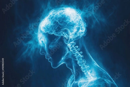 Human brain glowing and generating energy in profile view