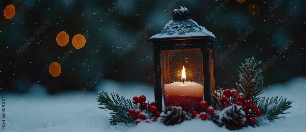 A candle in an antique lantern, surrounded by red berries and pine cones, sits on fresh snow under a snowy night sky. Perfect for Christmas designs A candle in an antique lantern, surrounded by red berries and pine cones, sits on fresh snow under a snowy night sky. Perfect for Christmas designs