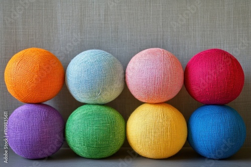 Colorful cotton balls forming a pyramid on a shelf photo