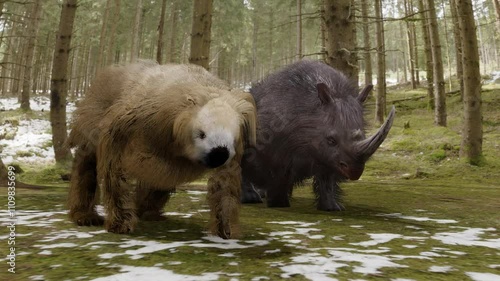 A 3D animation the extinct giant ground sloth Megalonyx and Woolly Rhino of the Ice Age walking through a snowy forest. photo