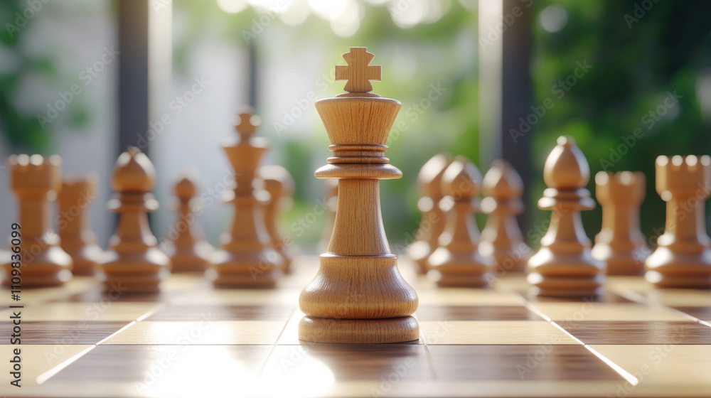 wooden chessboard with focus on king piece, surrounded by other chess pieces, in sunlit setting. scene conveys sense of strategy and calm wooden chessboard with focus on king piece, surrounded by other chess pieces, in sunlit setting. scene conveys sense of strategy and calm