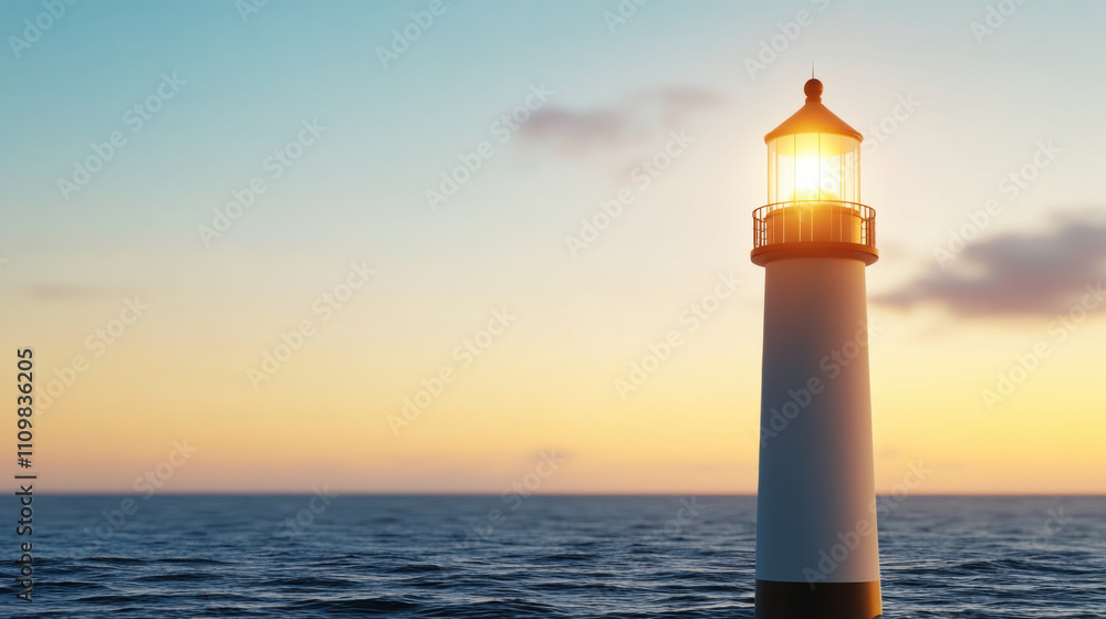 lighthouse stands tall, shining brightly over calm ocean at sunset, casting warm glow across water. serene scene evokes sense of tranquility and guidance lighthouse stands tall, shining brightly over calm ocean at sunset, casting warm glow across water. serene scene evokes sense of tranquility and guidance