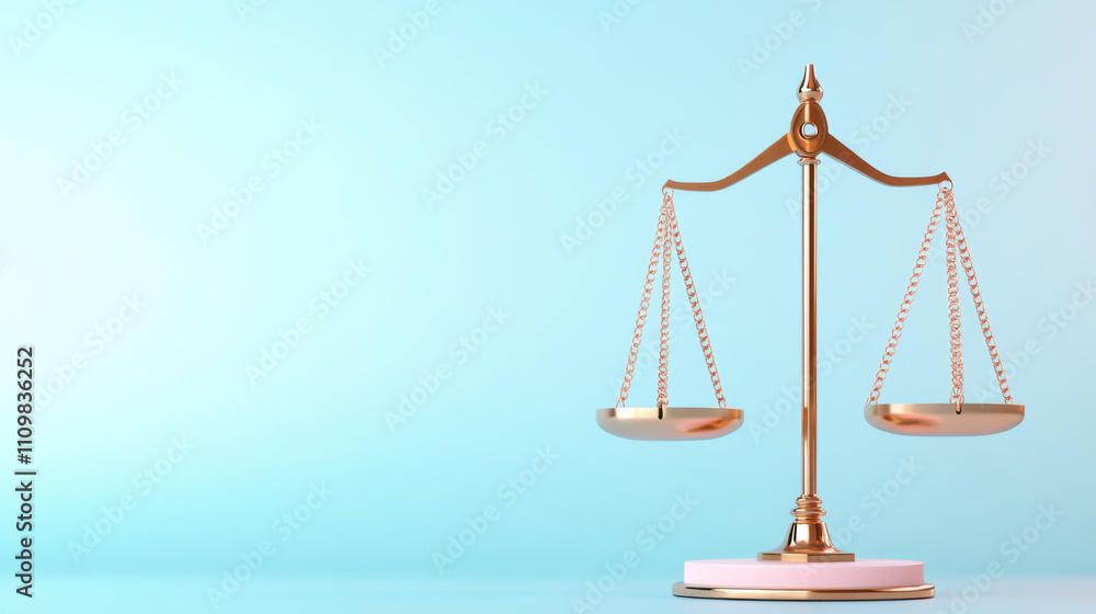 perfectly balanced scale on pastel background symbolizes justice and equality. golden scales stand out against soft blue, creating serene and harmonious image perfectly balanced scale on pastel background symbolizes justice and equality. golden scales stand out against soft blue, creating serene and harmonious image