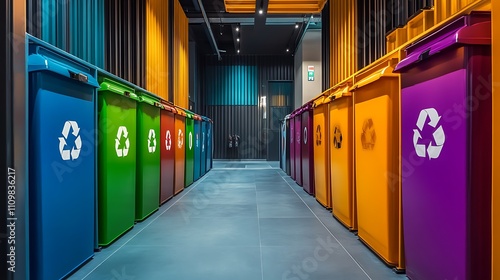 Colorful recycling bins in a modern indoor hallway.