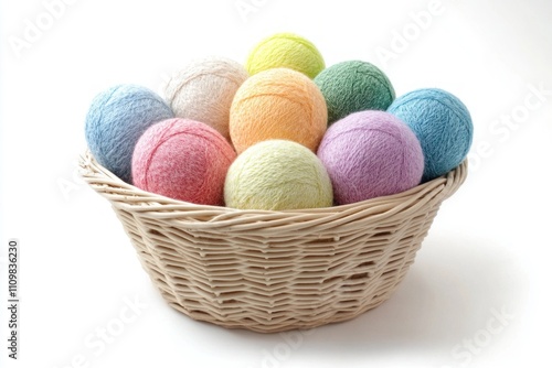 Colorful cotton yarn balls filling a wicker basket on white background