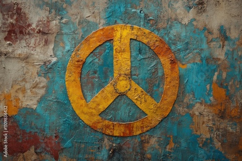 Large yellow peace symbol painted on a textured wall representing harmony and nonviolence photo