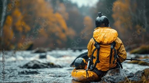 Kayaker navigating a rocky river in autumn rain.