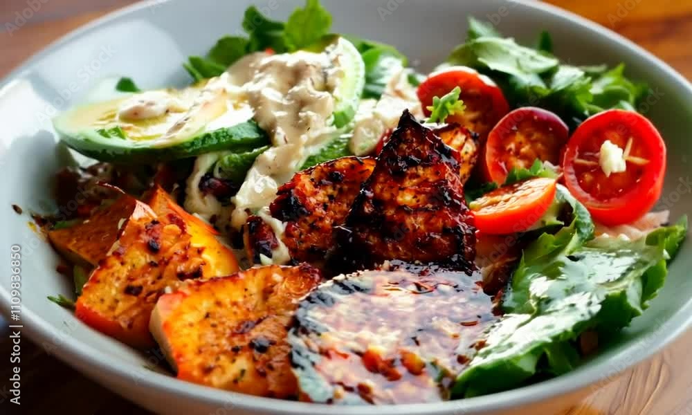 Delicious Grilled Sweet Potato Avocado Salad with Fresh Vegetables and Creamy Dressing Delicious Grilled Sweet Potato Avocado Salad with Fresh Vegetables and Creamy Dressing