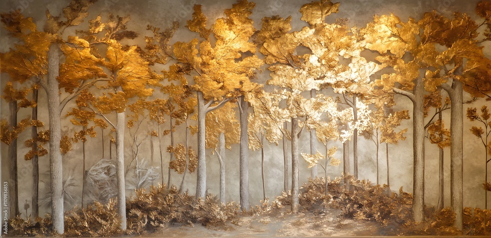 Obraz premium Golden Leaves Adorn Tall Trees In A Serene Forest Scene