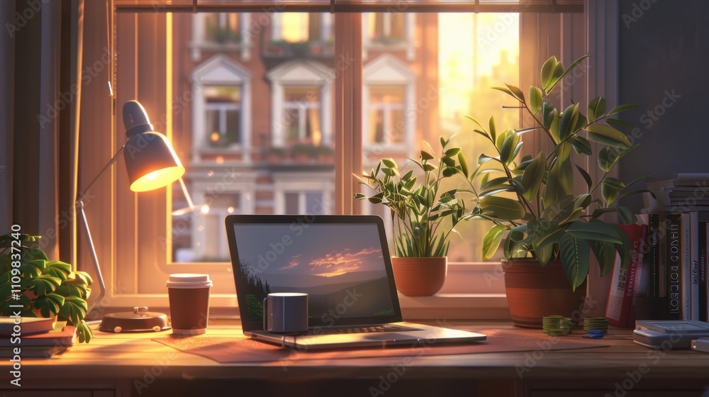 Laptop, plants, and coffee on a desk by a sunlit window. Laptop, plants, and coffee on a desk by a sunlit window.