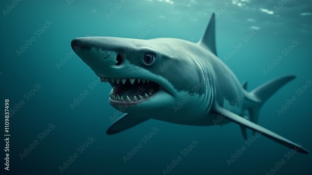 A close-up of a shark's face, showcasing its sharp teeth, piercing eyes, and sleek, powerful body as it swims.
