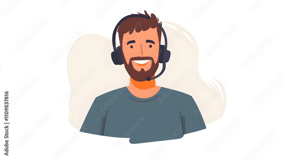 Happy Smiling Man Wearing Headset and Microphone Happy Smiling Man Wearing Headset and Microphone