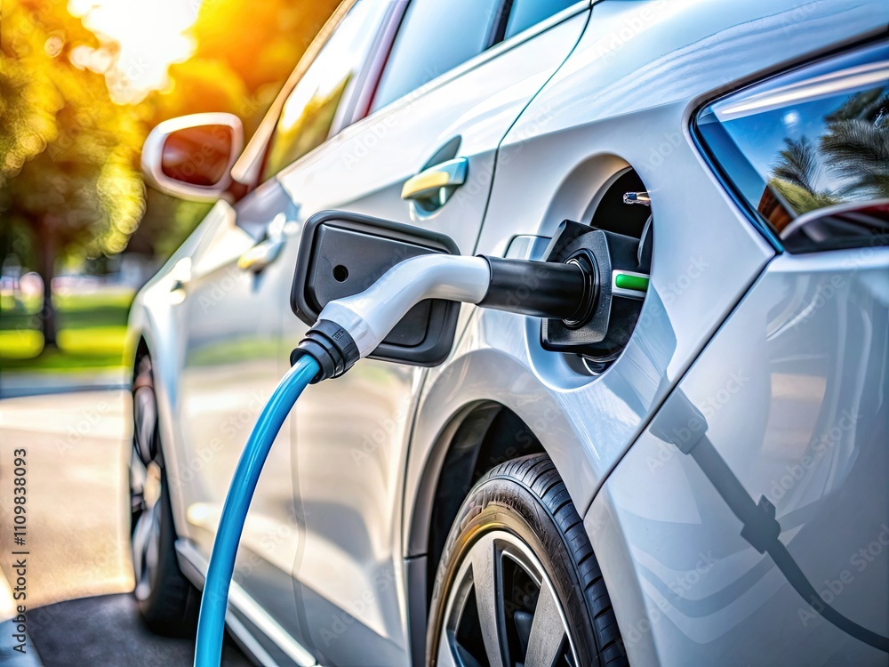 An electric vehicle is plugged in and charging at a public station surrounded by trees and basking in warm afternoon light An electric vehicle is plugged in and charging at a public station surrounded by trees and basking in warm afternoon light