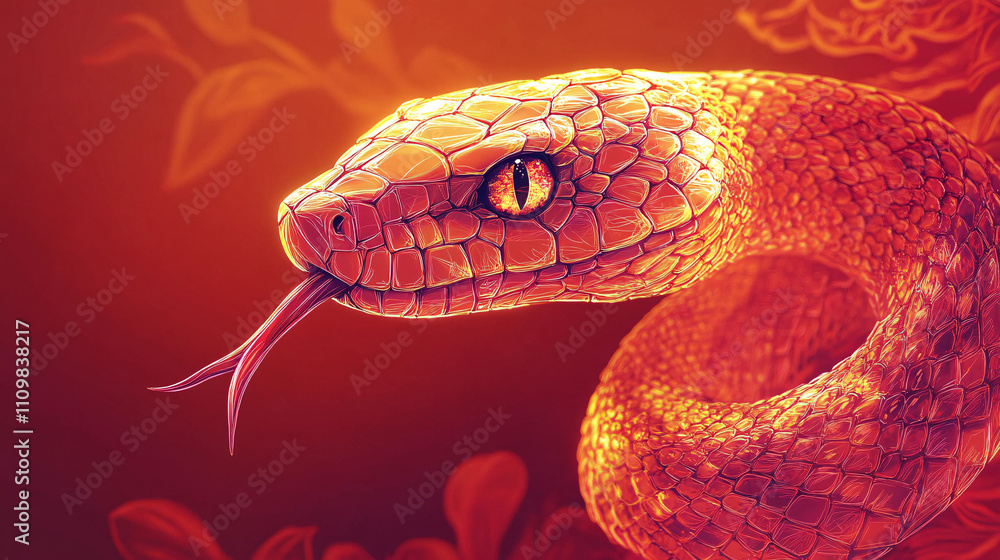 A close-up of a stylized golden snake against a warm red background, perfect for Chinese New Year celebrations, symbolizing prosperity and elegance. A close-up of a stylized golden snake against a warm red background, perfect for Chinese New Year celebrations, symbolizing prosperity and elegance.