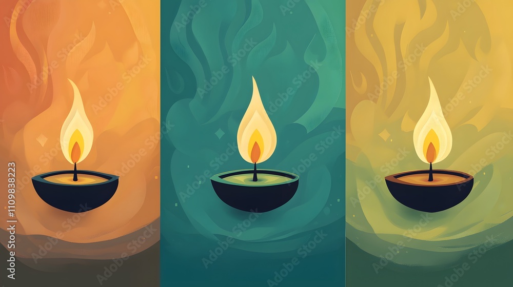 Fototapeta premium Three Lit Diyas with Abstract Backgrounds