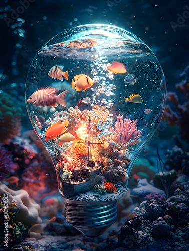 A light bulb encases an underwater world with vibrant coral reefs colorful fish and a tiny shipwreck in the sandy bottom