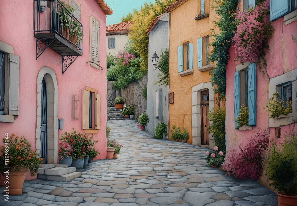 Fototapeta premium Charming European Village Street Scene With Colorful Buildings