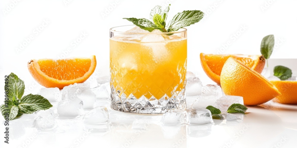 Refreshing Orange Juice Cocktail with Mint Garnish on Ice Refreshing Orange Juice Cocktail with Mint Garnish on Ice
