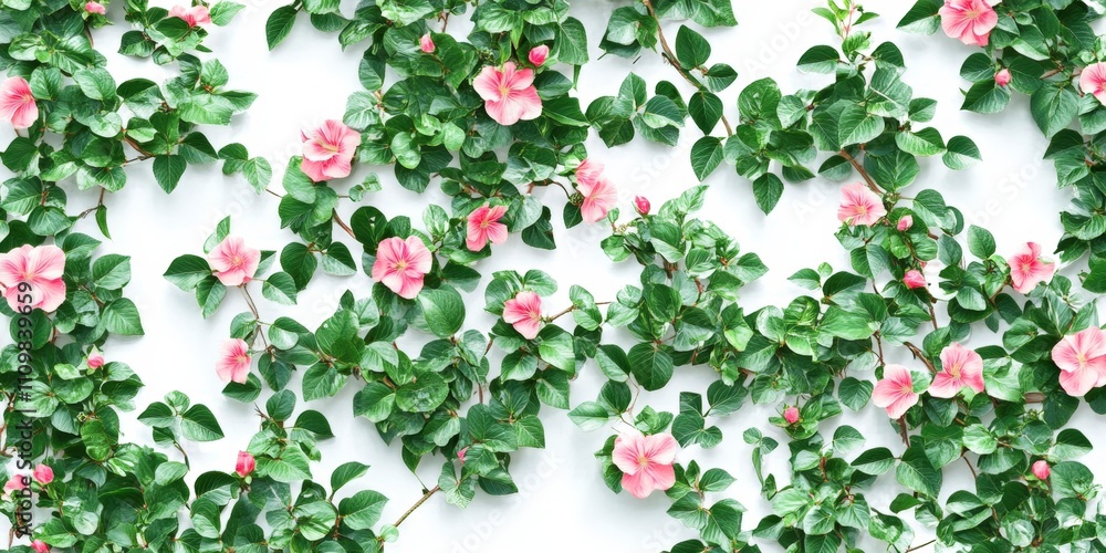 Pink Flowers and Green Leaves Pattern on White Background Pink Flowers and Green Leaves Pattern on White Background