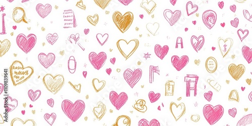 Wallpaper Mural Pink and Gold Hand-Drawn Hearts Pattern - Romantic Valentine's Day Torontodigital.ca