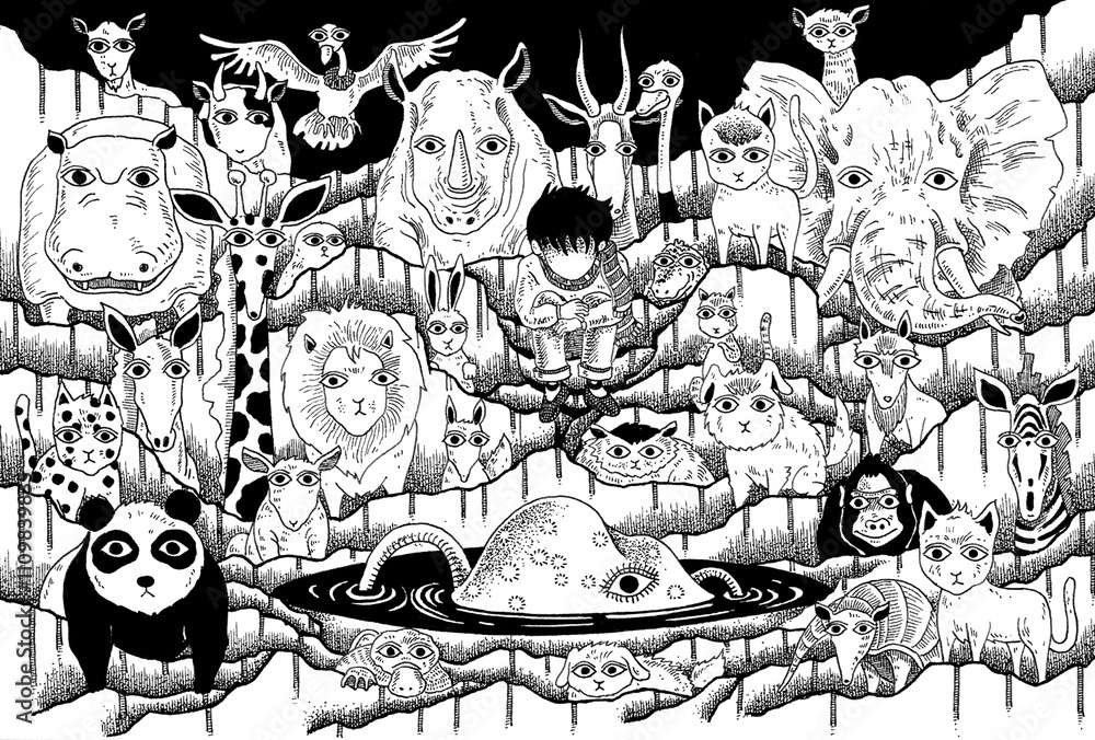 Photography Poster モノクロームイラスト・手描き・ペン画 - 動物