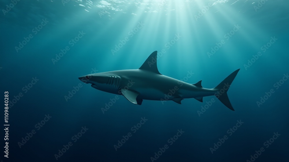 Obraz premium A shark gliding through the open ocean, conveying its strength and grace in the vast expanse of the sea.