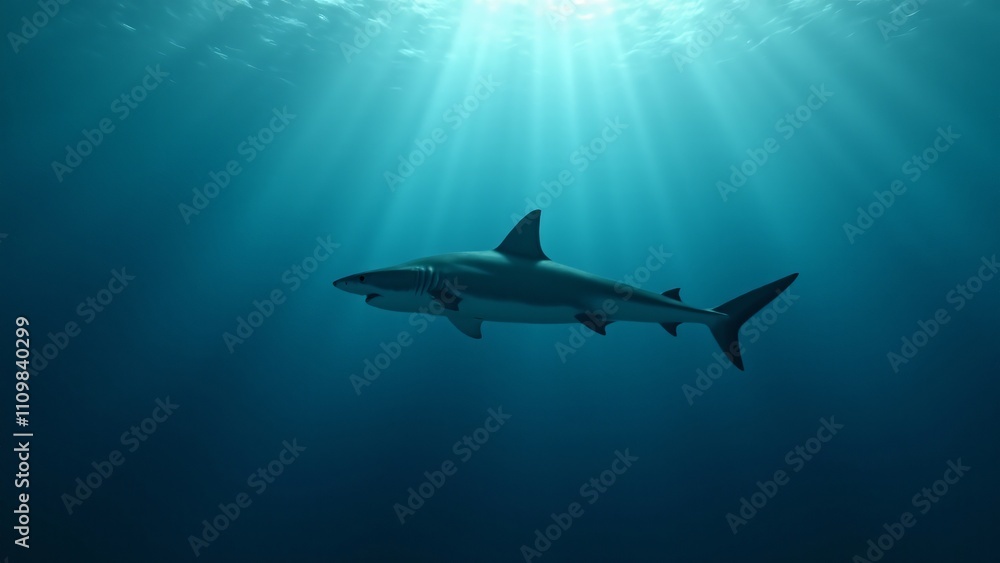 Obraz premium A shark gliding through the open ocean, conveying its strength and grace in the vast expanse of the sea.