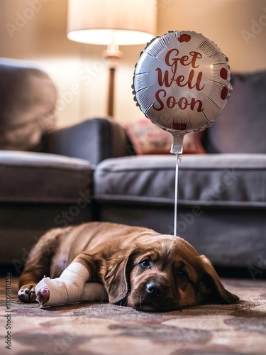 Cute Puppy with Get Well Soon Balloon photo