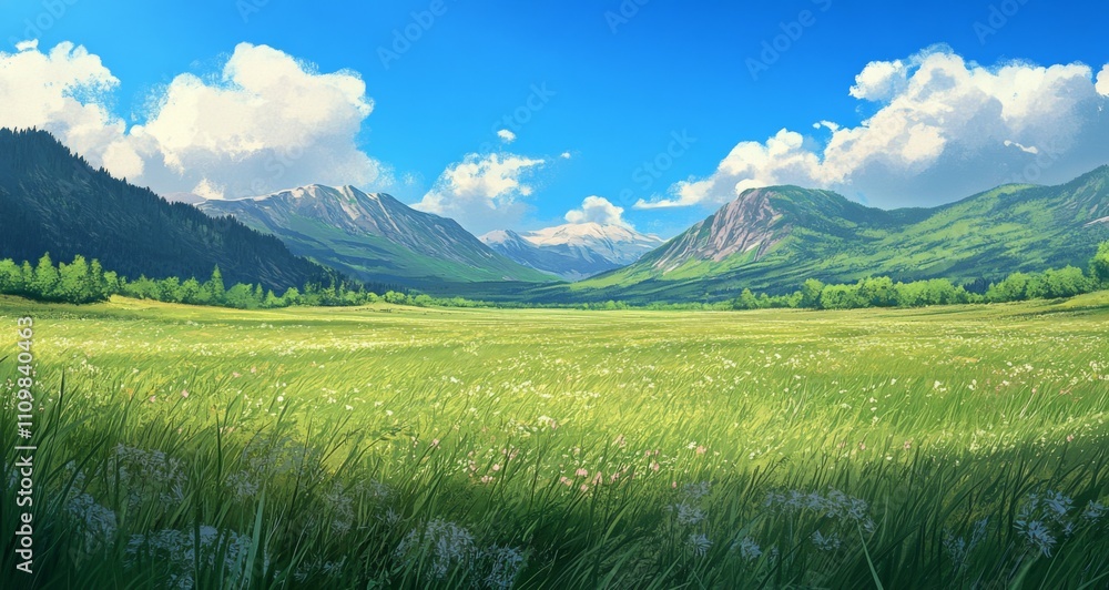 Fototapeta premium Beautiful grassland, green and blue sky, distant mountains 