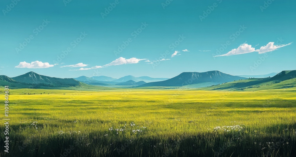 Obraz premium Beautiful grassland, green and blue sky, distant mountains 