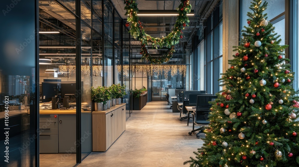 Modern office decorated for the holiday season with a Christmas tree. Modern office decorated for the holiday season with a Christmas tree.