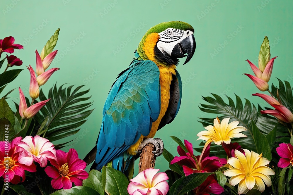 Fototapeta premium Colorful Parrot Surrounded by Tropical Flowers on Mint Green Background