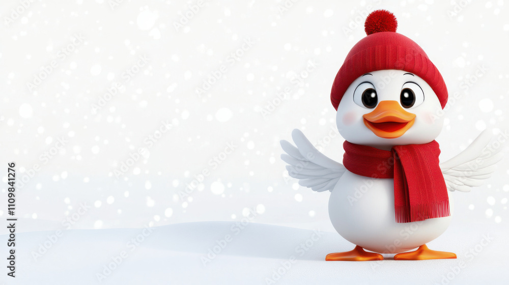 cheerful duck wearing red hat and scarf stands joyfully in snowy landscape, spreading happiness with its open wings and bright eyes cheerful duck wearing red hat and scarf stands joyfully in snowy landscape, spreading happiness with its open wings and bright eyes