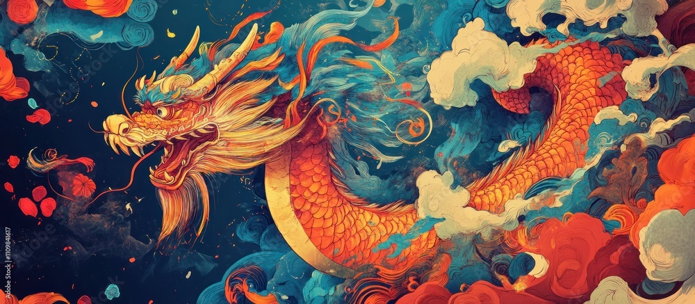 A vibrant dragon surrounded by colorful clouds and swirling elements. A vibrant dragon surrounded by colorful clouds and swirling elements.